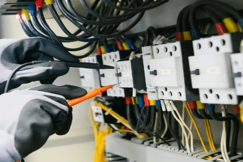 Gloved hands testing wiring inside an electrical panel with a meter probe