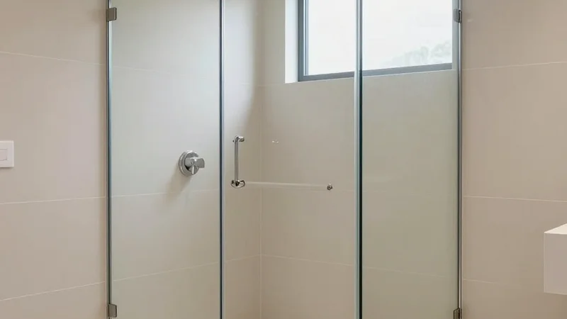 Glass shower enclosure with a sliding door in a bright tiled bathroom