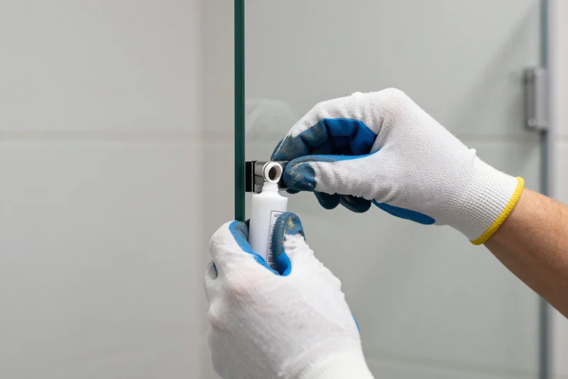 Close view of a glass shower door with a white frame and long handle