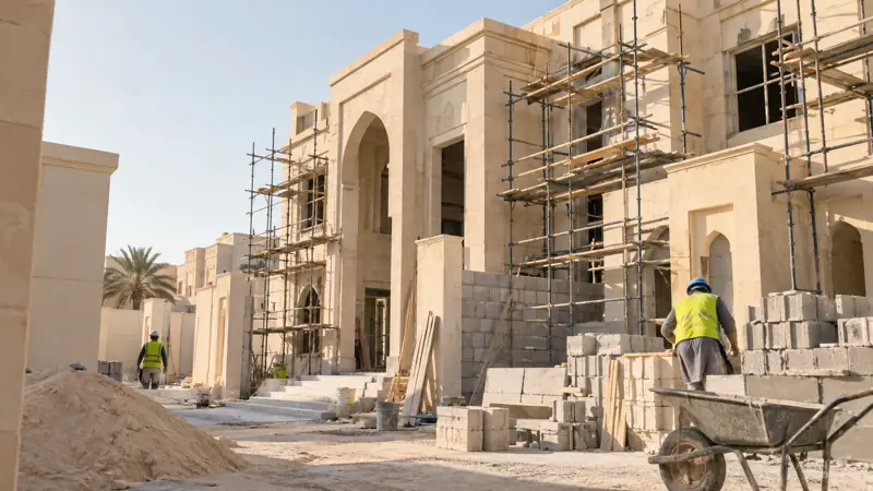 Villa under construction with scaffolding and block work